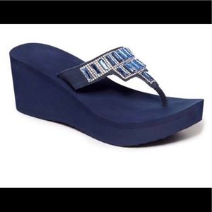 Yellow Box Navy Wedge T-Strap Sandals Size 11